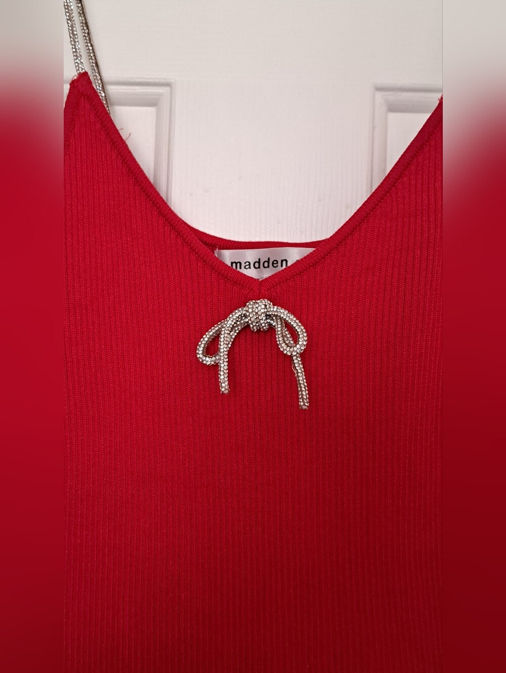 Red Ribbed Slip Dress with Rhinestone Straps - Picture 3 of 7